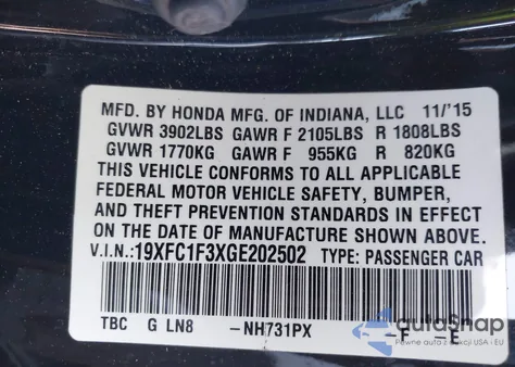 2016 Honda Civic Ex-T z USA, uszkodzony, nr VIN 19XFC1F3XGE202502